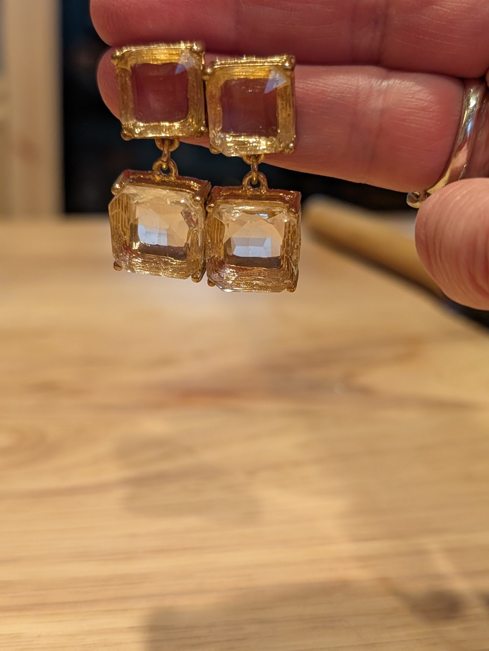 Source Unknown Gold-Tone Double Square Dangle Earrings with Clear Stones